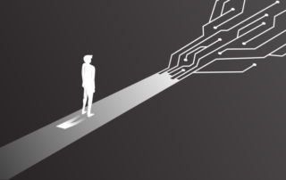 Black and white illustration of person on path with digital forks