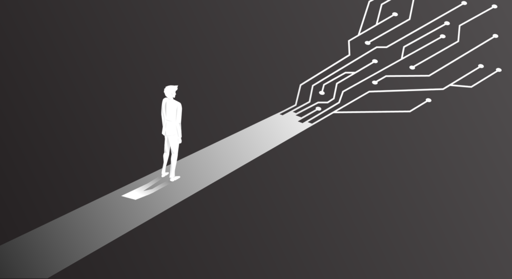 Black and white illustration of person on path with digital forks