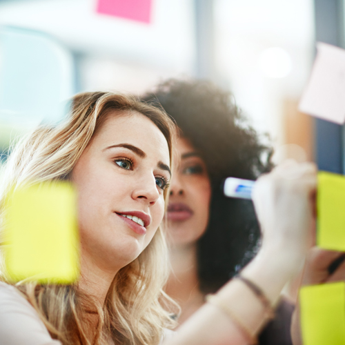 Two women working on post-it notes