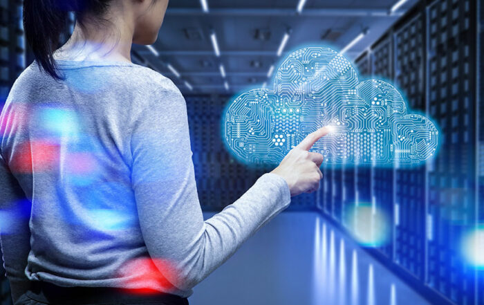 Abstract image of woman touching technology cloud