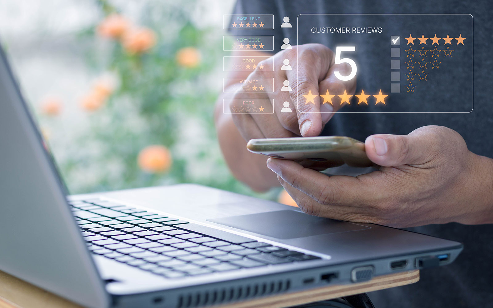 Person giving 5 star review via their phone