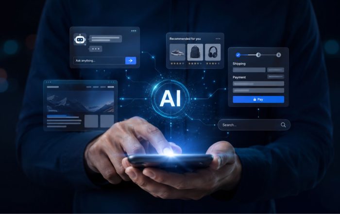 Person holding a smartphone with AI-powered website, chatbot, recommendation, search and checkout interfaces floating above the screen.