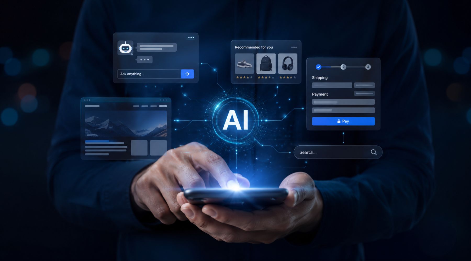 AI now what Person holding a smartphone with AI-powered website, chatbot, recommendation, search and checkout interfaces floating above the screen.