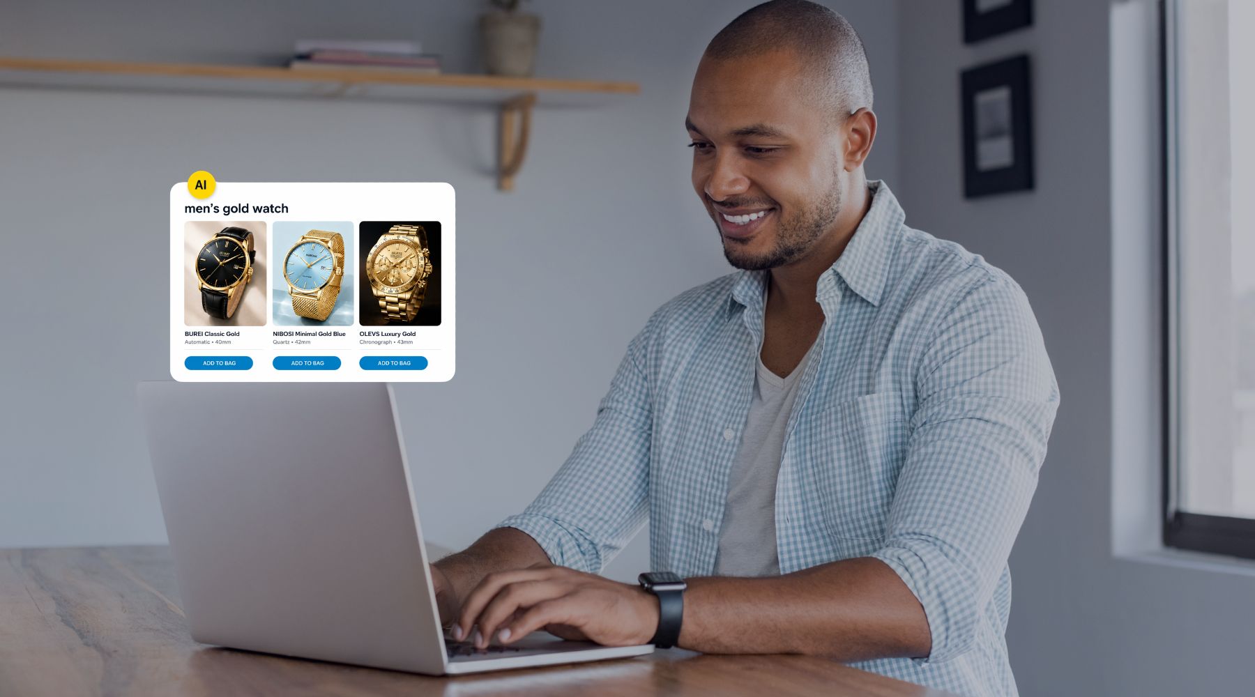ai chatbot advisor Customer using a laptop with an AI product recommendation assistant suggesting men’s watches on screen.