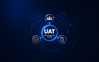 User acceptance testing graphic for ecommerce UAT services, showing user validation, checklist review and quality assurance icons.T