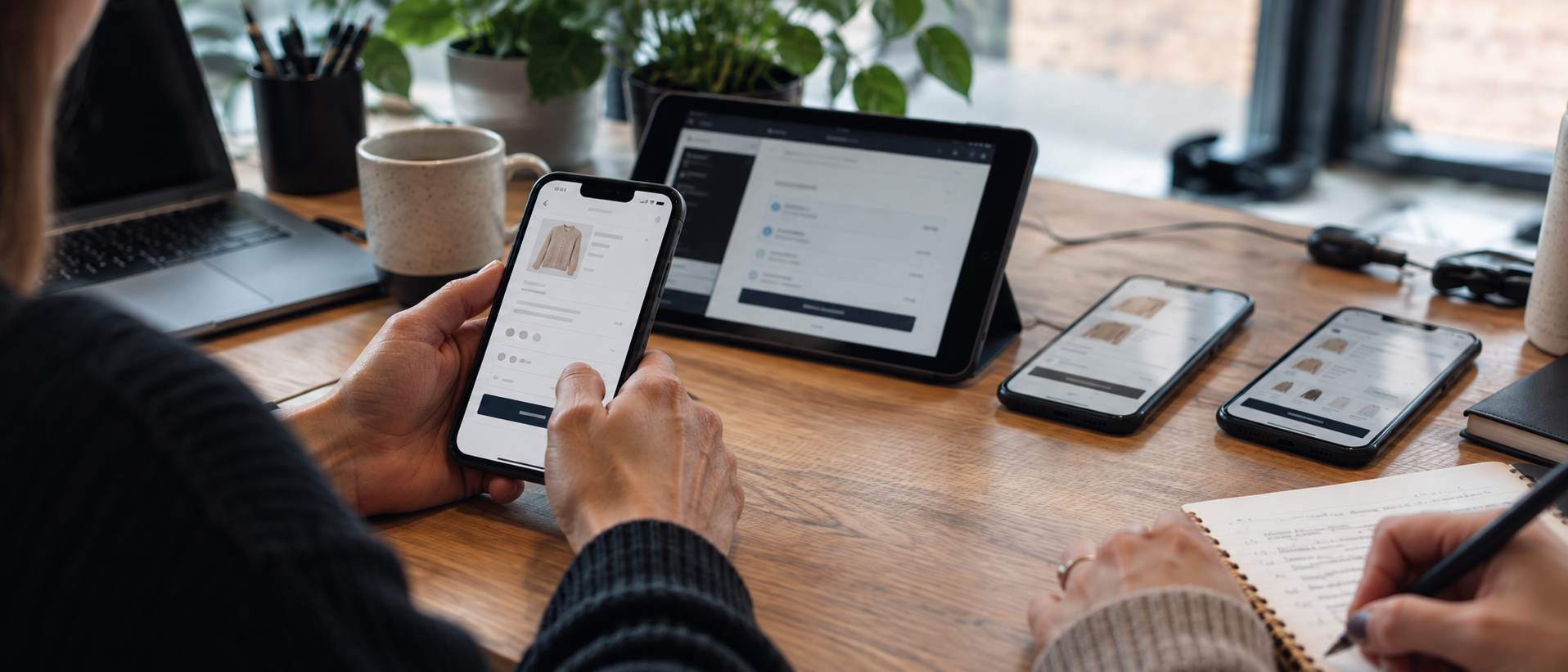 Testers checking an ecommerce checkout across a phone, tablet and other mobile devices while taking notes