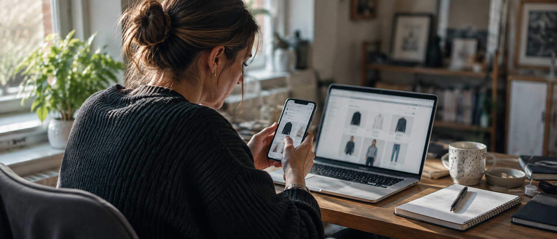 Person at home browsing an online clothing store on a phone with the same site open on a laptop