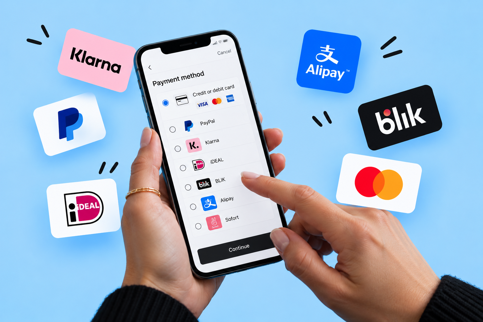 Global Payment Options on Mobile Checkout Mobile ecommerce checkout showing local payment methods including iDEAL, BLIK, Alipay and PayPal