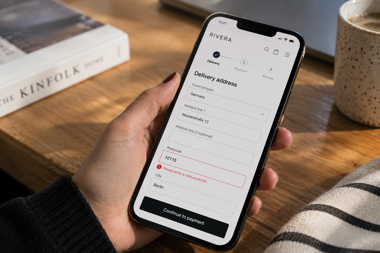 Smartphone Delivery Form Error Mobile ecommerce checkout rejecting a valid German postcode during delivery address entry