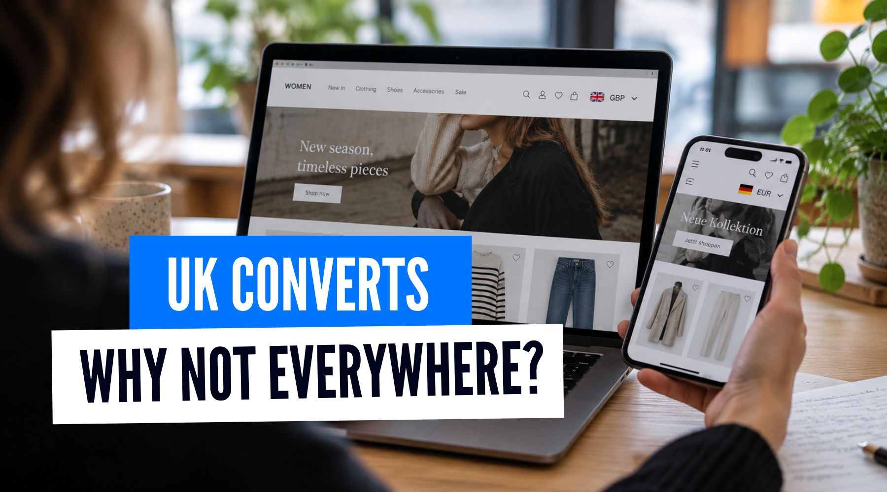 UK and German ecommerce websites on laptop and mobile, illustrating differences in international conversion rates